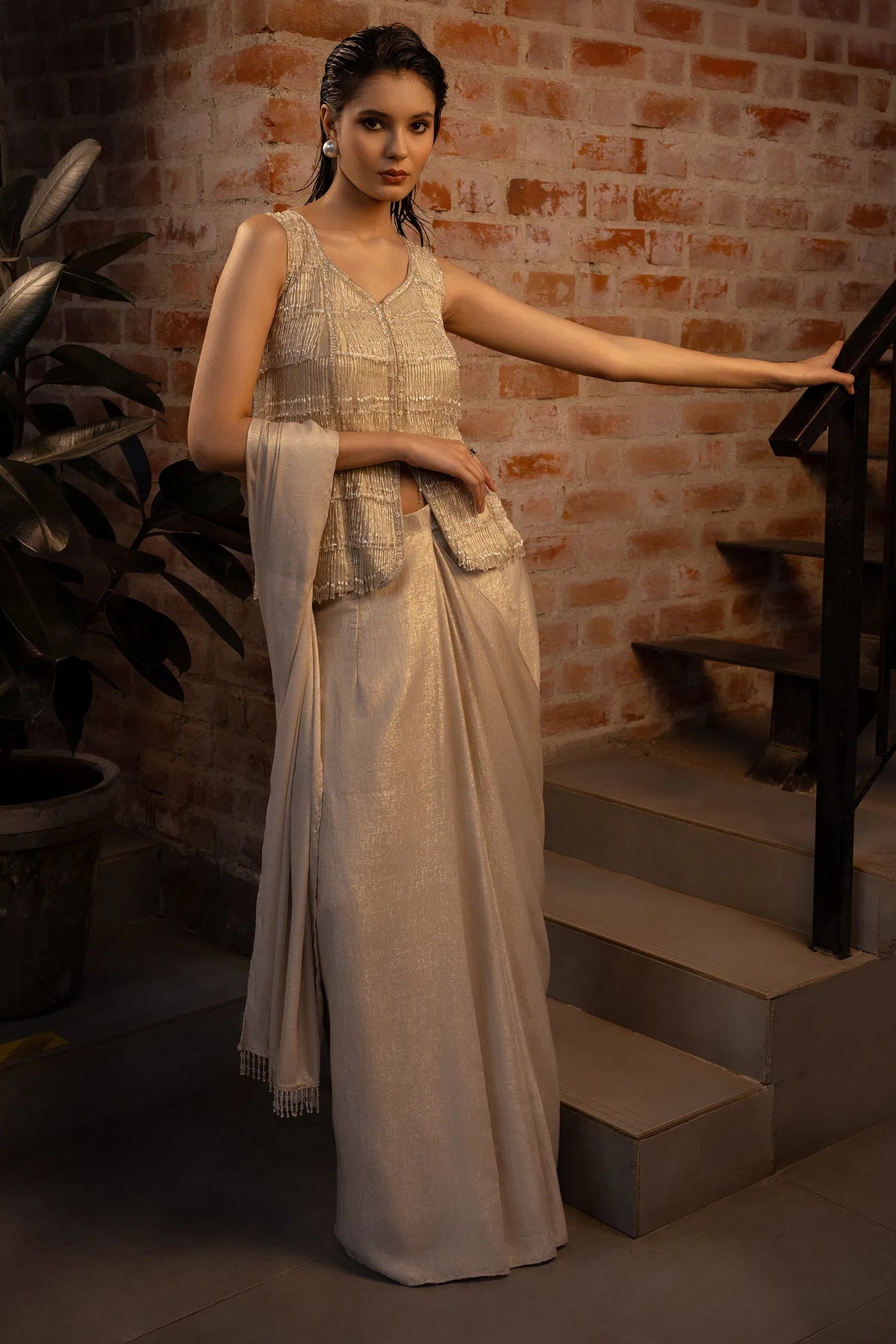 Off White Lycra Ready to Wear Saree with Beaded Fringe Long Blouse