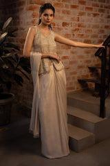 Off White Lycra Ready to Wear Saree with Beaded Fringe Long Blouse