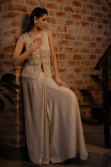 Off White Lycra Ready to Wear Saree with Beaded Fringe Long Blouse