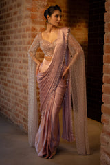 Lavender Satin Silk Ready to Wear Saree with Sequin Cutdana Work Cape Sleeved Blouse