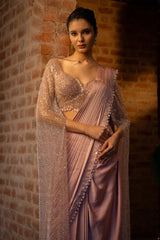 Lavender Satin Silk Ready to Wear Saree with Sequin Cutdana Work Cape Sleeved Blouse