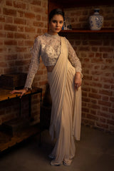 Off White Lycra Ready to Wear Saree with Embellished Beaded and Sequin Long Sleeve Crew Neck Blouse