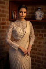 Off White Lycra Ready to Wear Saree with Embellished Beaded and Sequin Long Sleeve Crew Neck Blouse