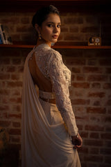 Off White Lycra Ready to Wear Saree with Embellished Beaded and Sequin Long Sleeve Crew Neck Blouse