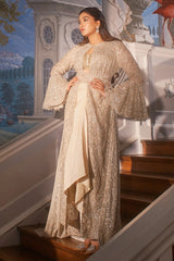 Cream Silk Drape Skirt and Embellished Blouse Set in Raw Silk with Heavy Work Jacket