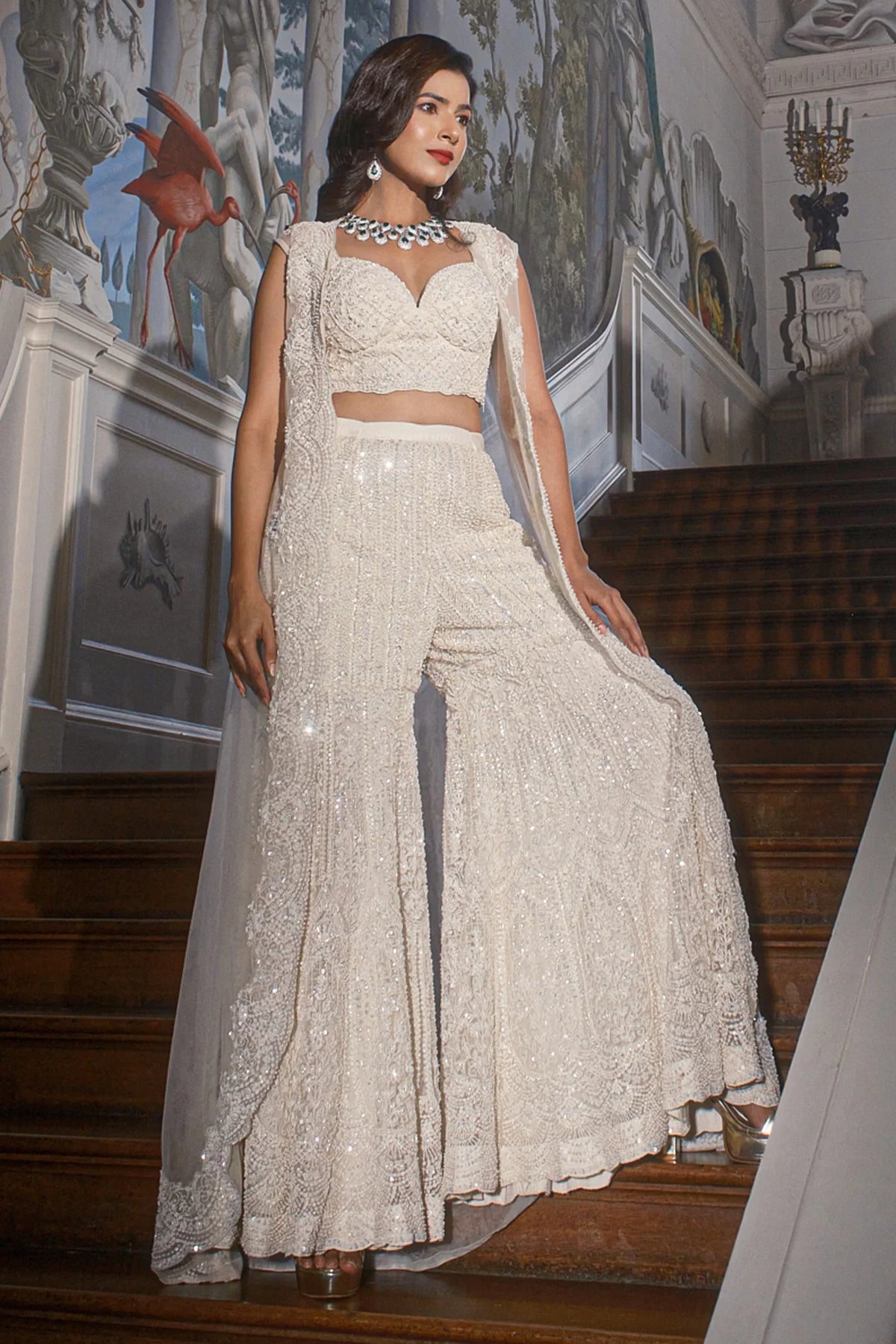 Designer Pearl White Crop Top Palazzo and Jacket Set in Net with Cutdana and Sequins Work