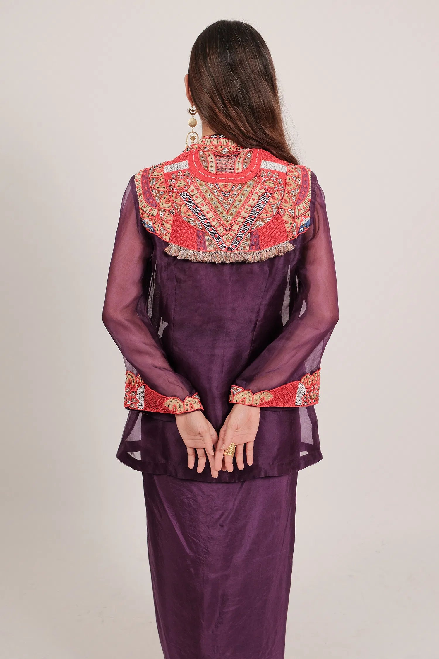 Dark Purple Organza Intricate Embroidery Beaded Dangling Fringe Top with Pleated Skirt