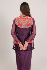 Dark Purple Organza Intricate Embroidery Beaded Dangling Fringe Top with Pleated Skirt
