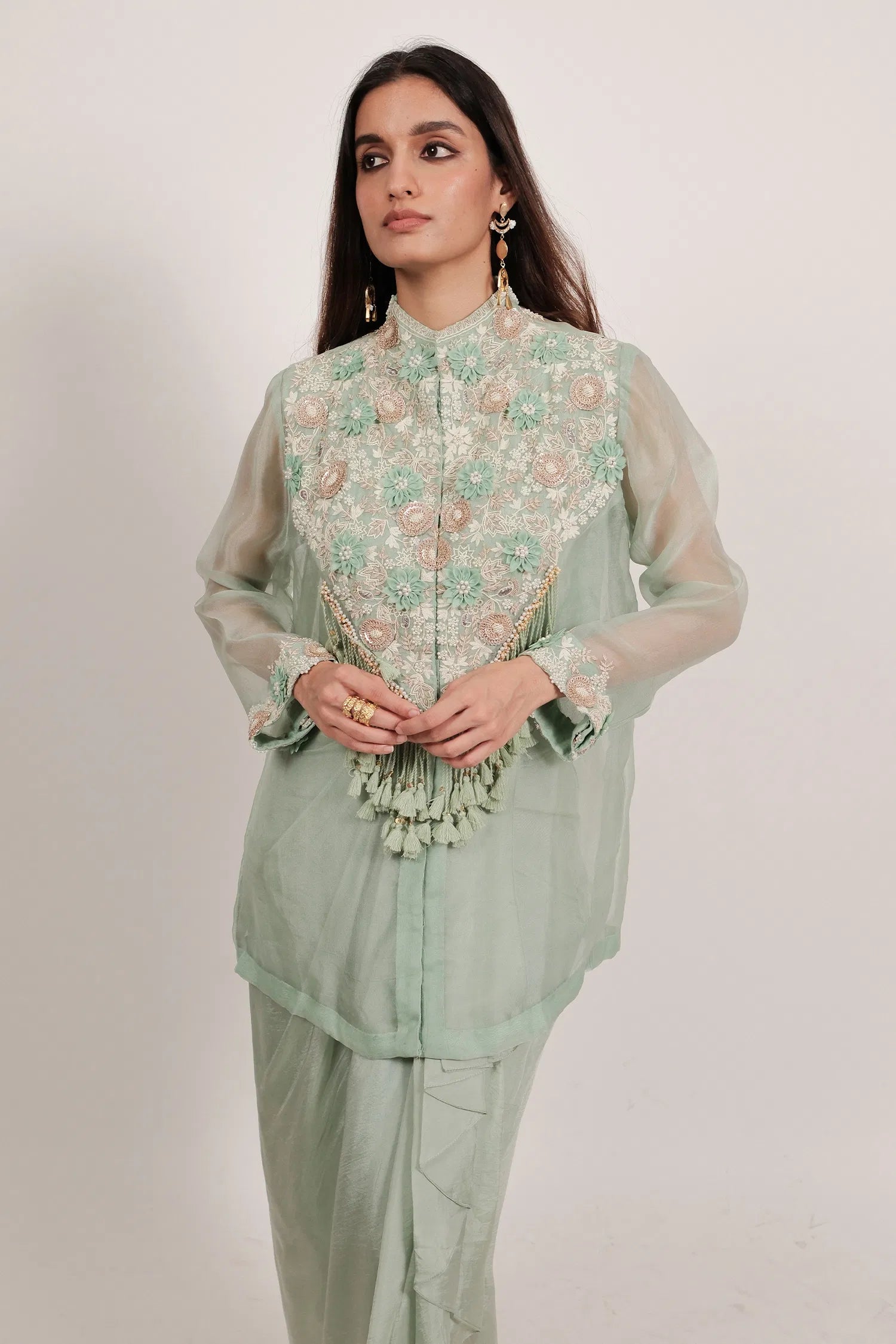 Light Pista Green Organza Thread Embroidery Beaded and Dangling Fringe Tassle Top with Pleated Skirt