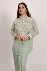 Light Pista Green Organza Thread Embroidery Beaded and Dangling Fringe Tassle Top with Pleated Skirt
