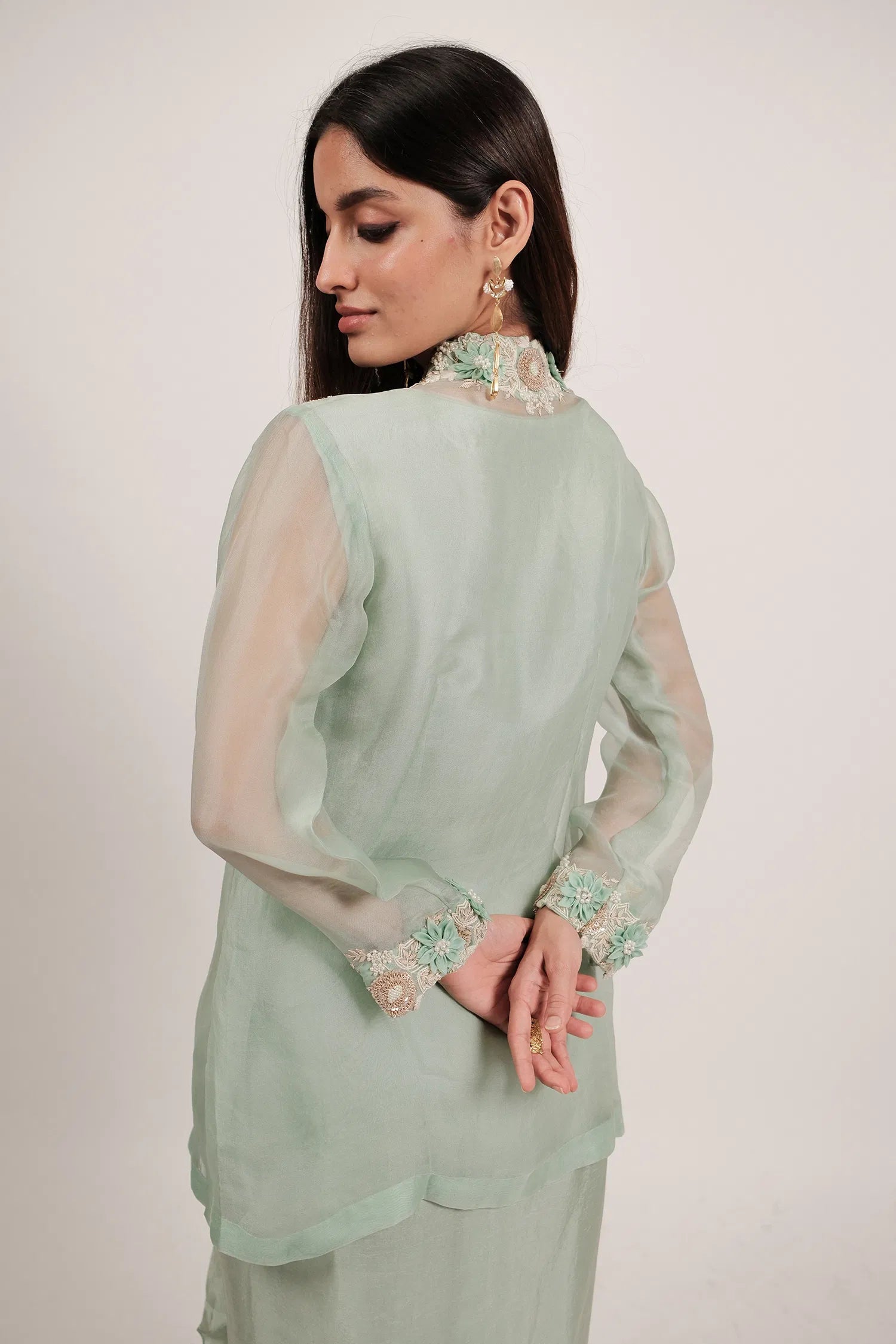 Light Pista Green Organza Thread Embroidery Beaded and Dangling Fringe Tassle Top with Pleated Skirt