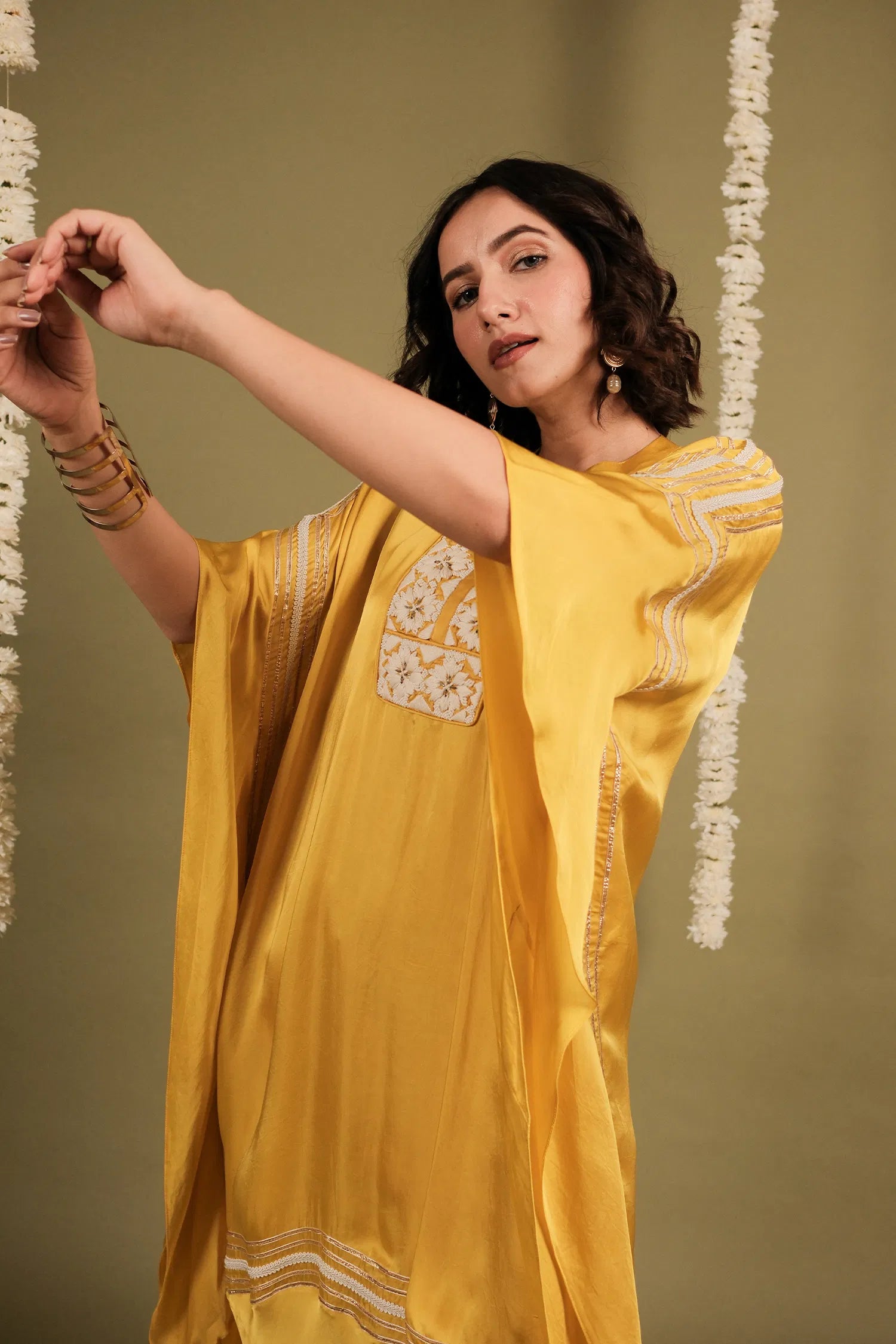 Yellow Silk Thread Embroidery Kaftan with Tulip Dhoti