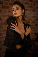 Black Organza Beaded Cutdana Worked Crop Top Palazzo Set with Jacket