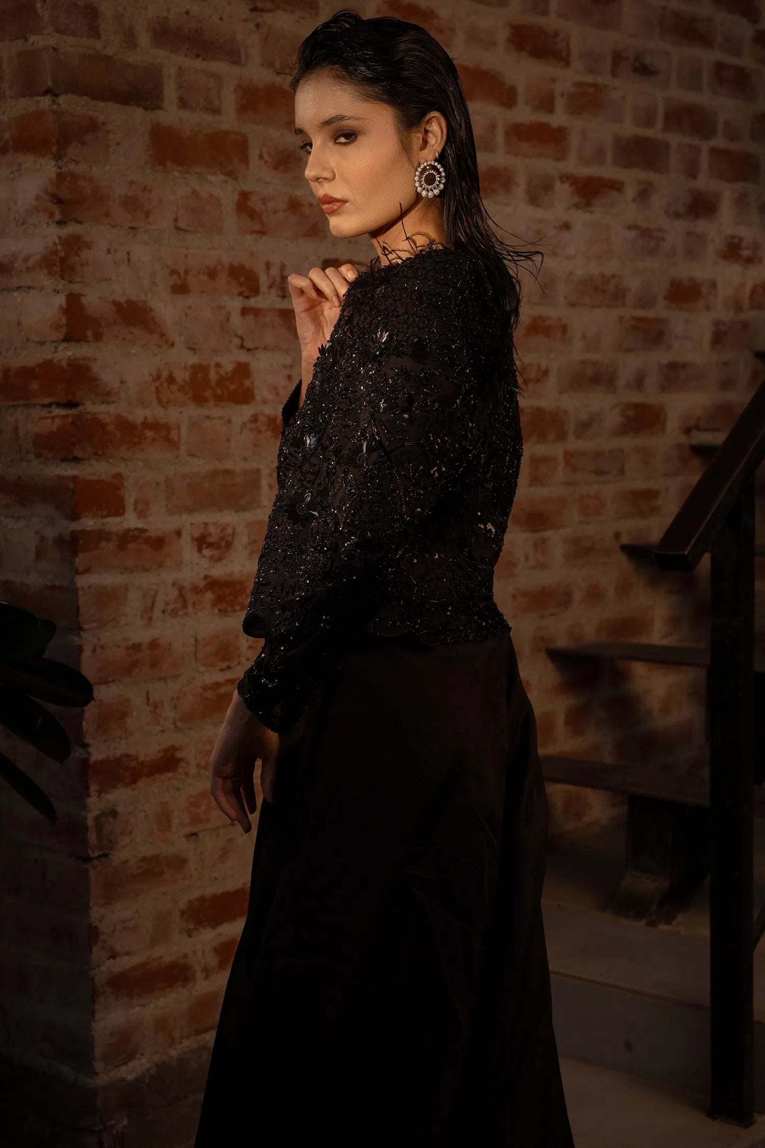 Black Organza Beaded Cutdana Worked Crop Top Palazzo Set with Jacket