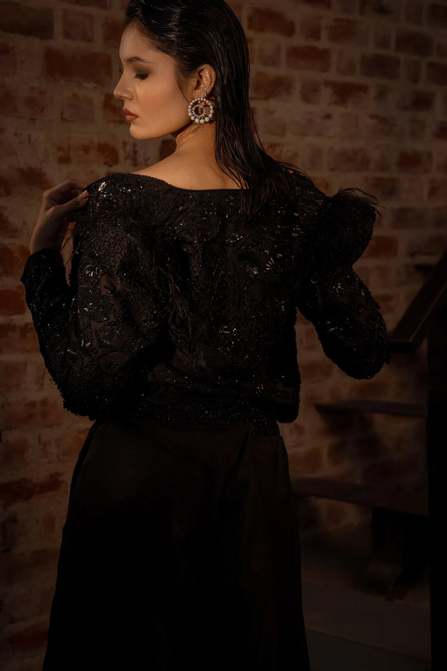 Black Organza Beaded Cutdana Worked Crop Top Palazzo Set with Jacket