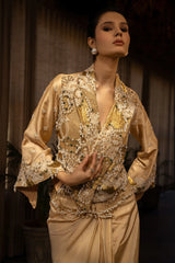 Beige Raw Silk Designer Heavy Worked Crop Top Jacket with Pleated Dhoti Skirt