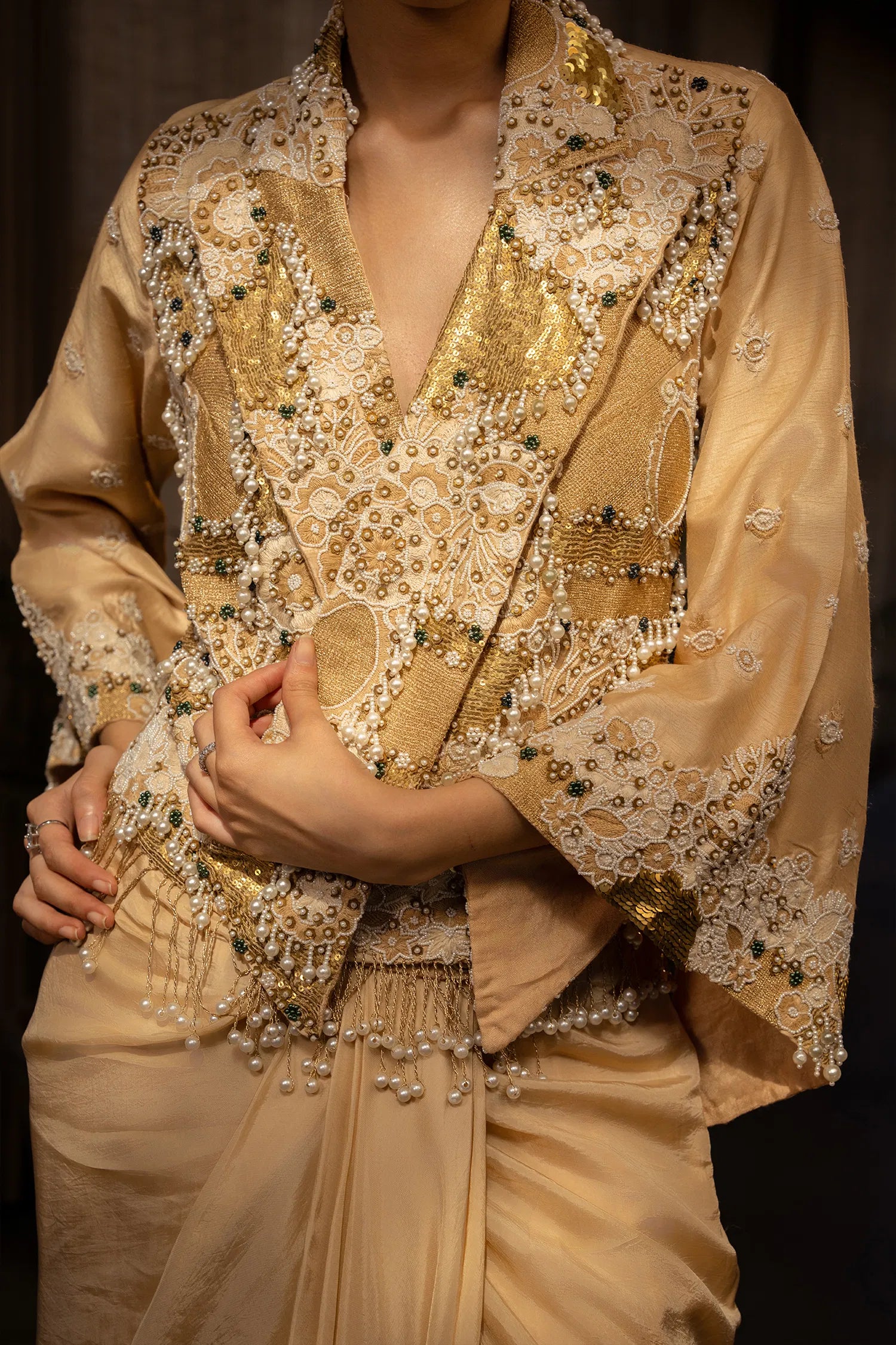 Beige Raw Silk Designer Heavy Worked Crop Top Jacket with Pleated Dhoti Skirt