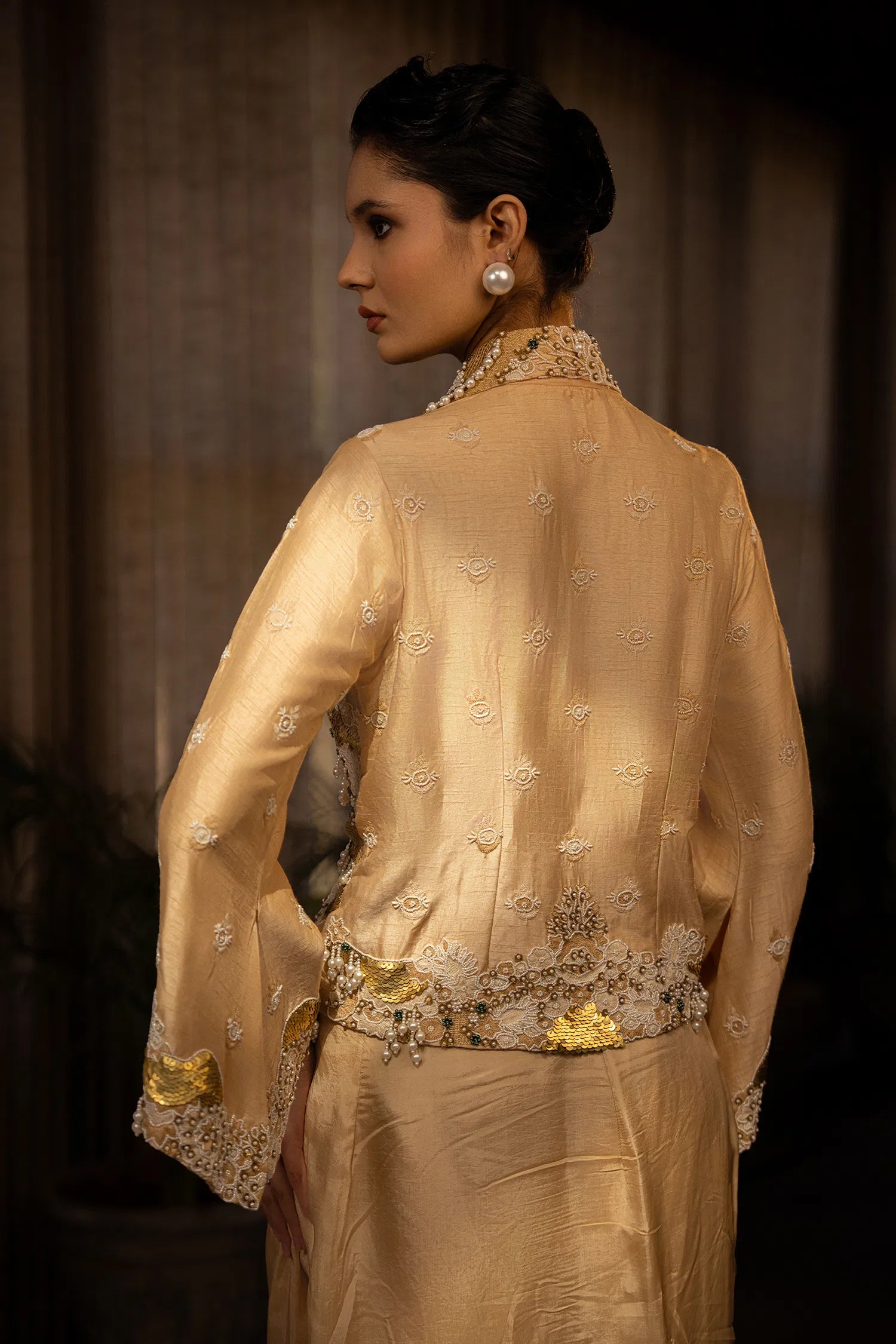 Beige Raw Silk Designer Heavy Worked Crop Top Jacket with Pleated Dhoti Skirt