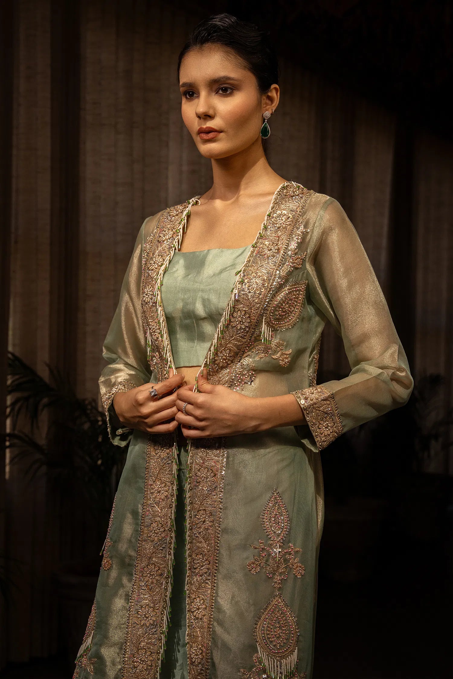 Mint Green Shimmer Tissue Crop Top Pant with Jacket