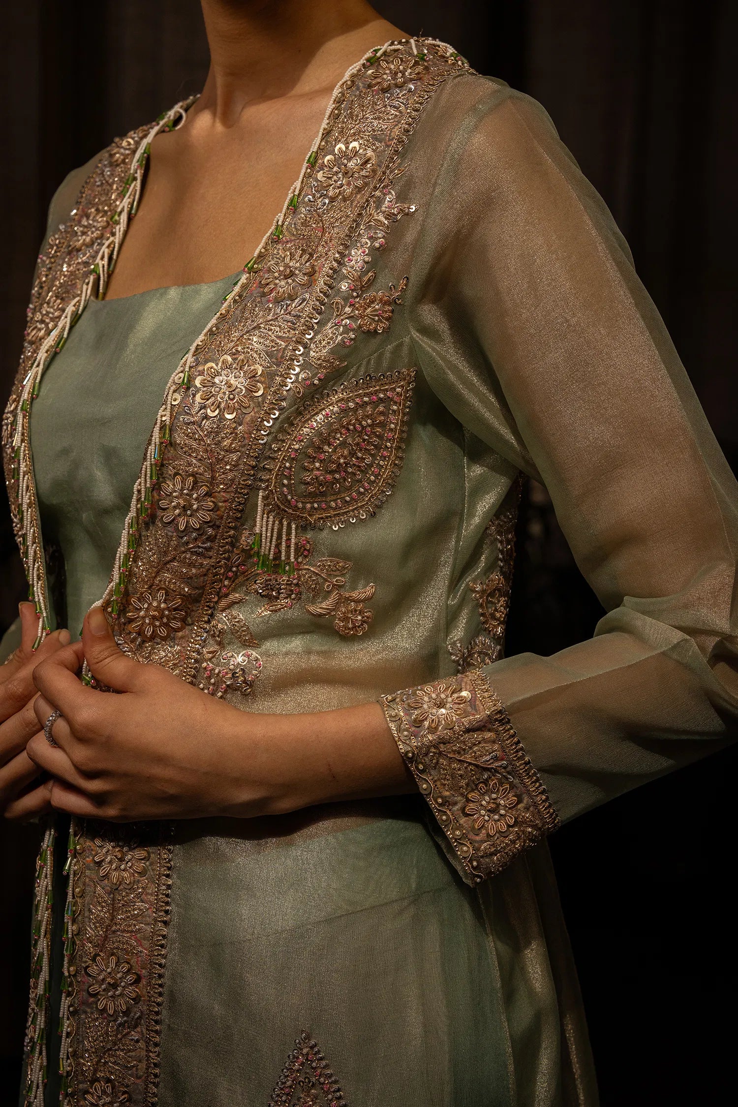 Mint Green Shimmer Tissue Crop Top Pant with Jacket
