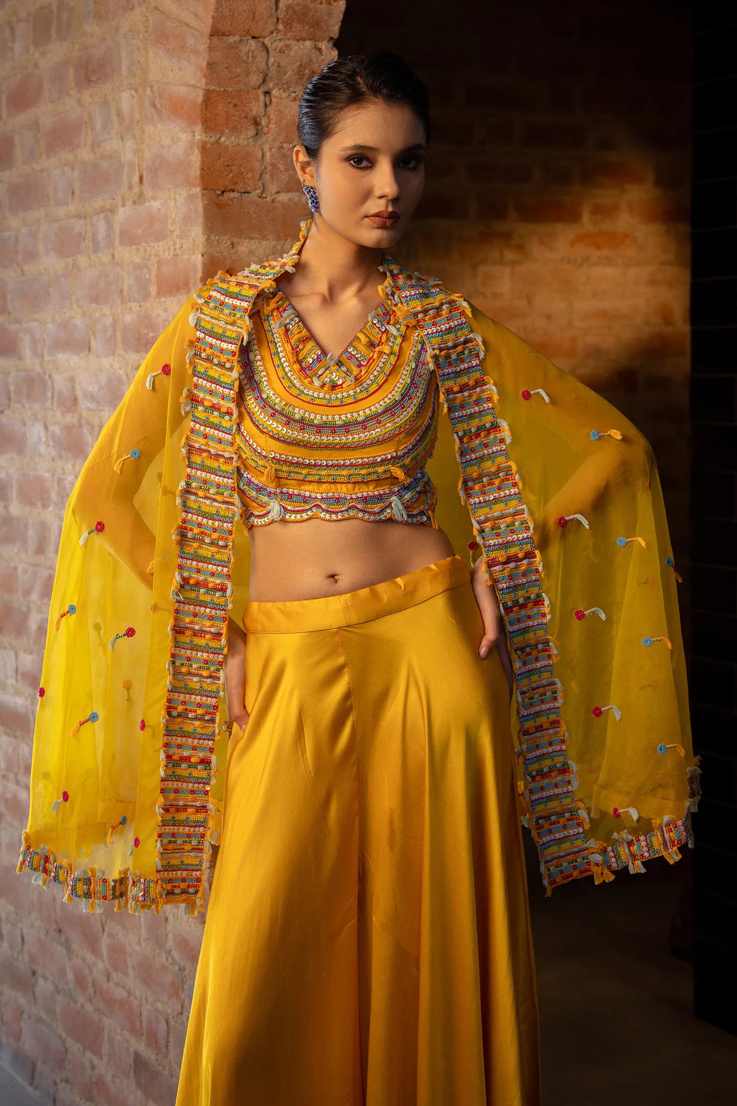 Yellow Satin Silk Beaded Crop Top Palazzo with Cape Jacket