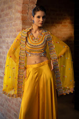 Yellow Satin Silk Beaded Crop Top Palazzo with Cape Jacket