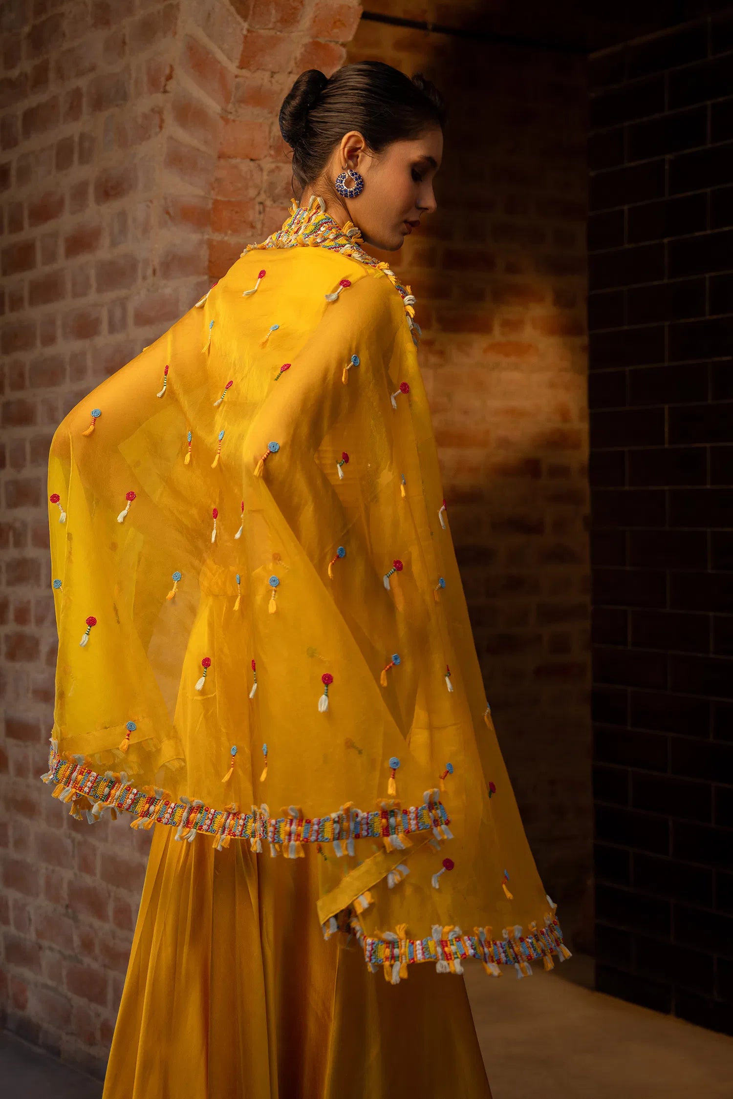 Yellow Satin Silk Beaded Crop Top Palazzo with Cape Jacket
