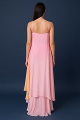 Pink Georgette Square Neck High and Low Layered Asymmetric Hem Detail Co-Ord Set