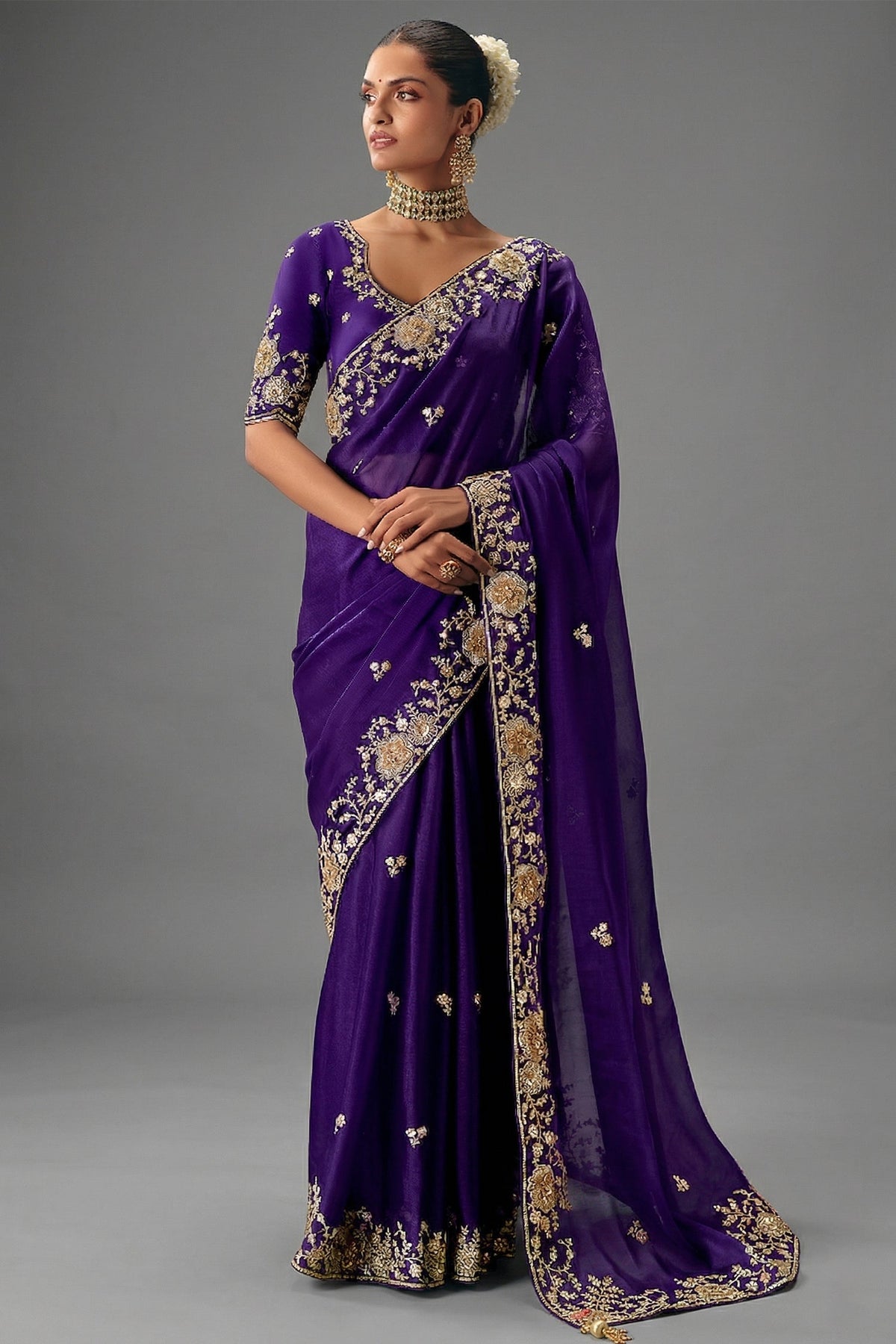 Royal Purple Viscose Chiffon Saree With All Over Embroidery In Zari And Sequins - purple chiffon saree embroidery Main image