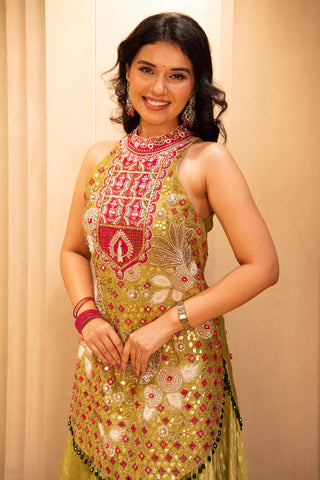 Mehendi Green Raw Silk Mirror and Beads Work Halter Neck Palazzo Suit