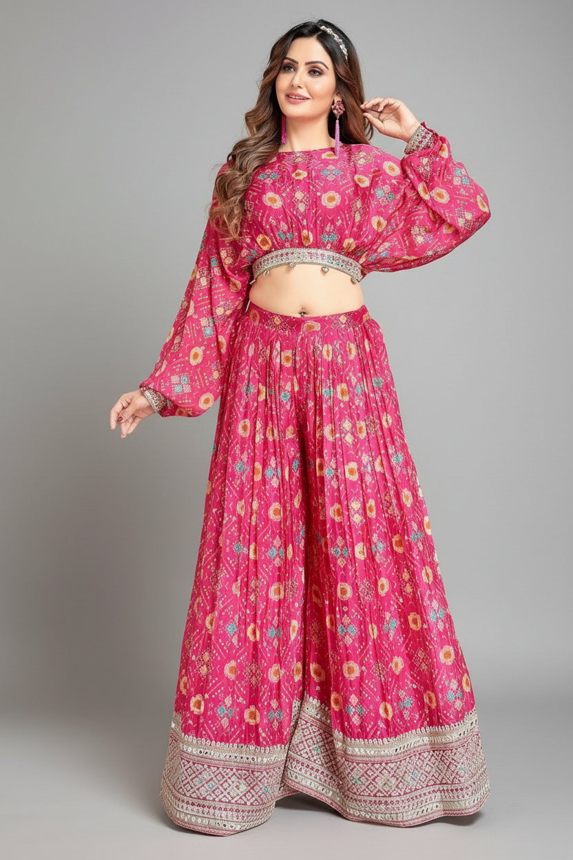 Pink Chinon Digital Printed Crop Top Palazzo Set