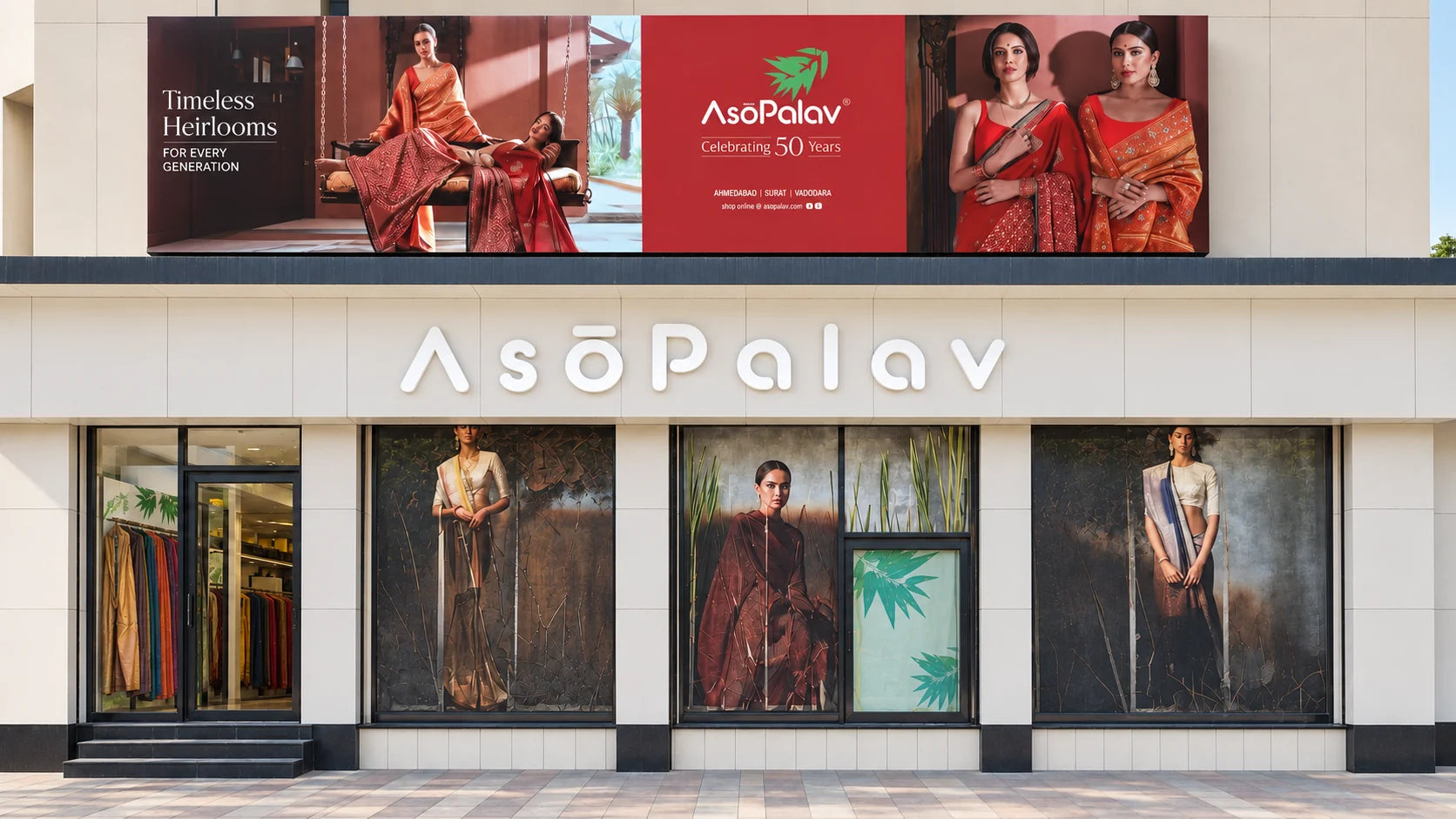 Asopalav Ashram Road storefront in Ahmedabad, with its illuminated wordmark, campaign displays and entrance