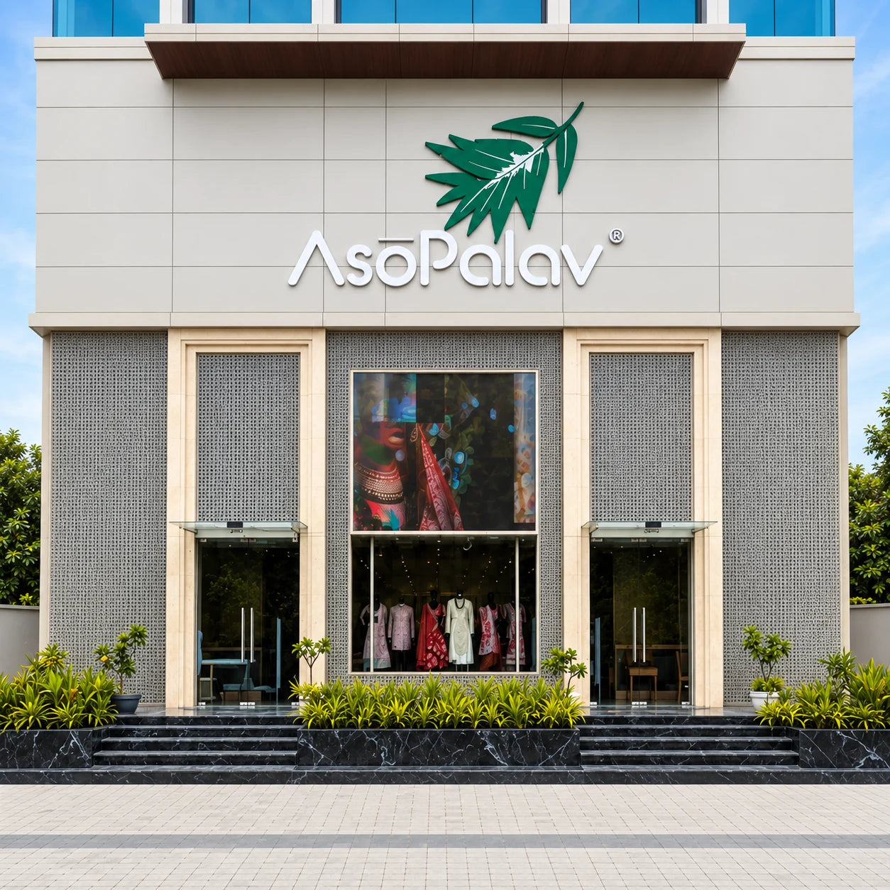 Asopalav Baroda storefront on OP Road, with its signature leaf logo, display windows and two entrances