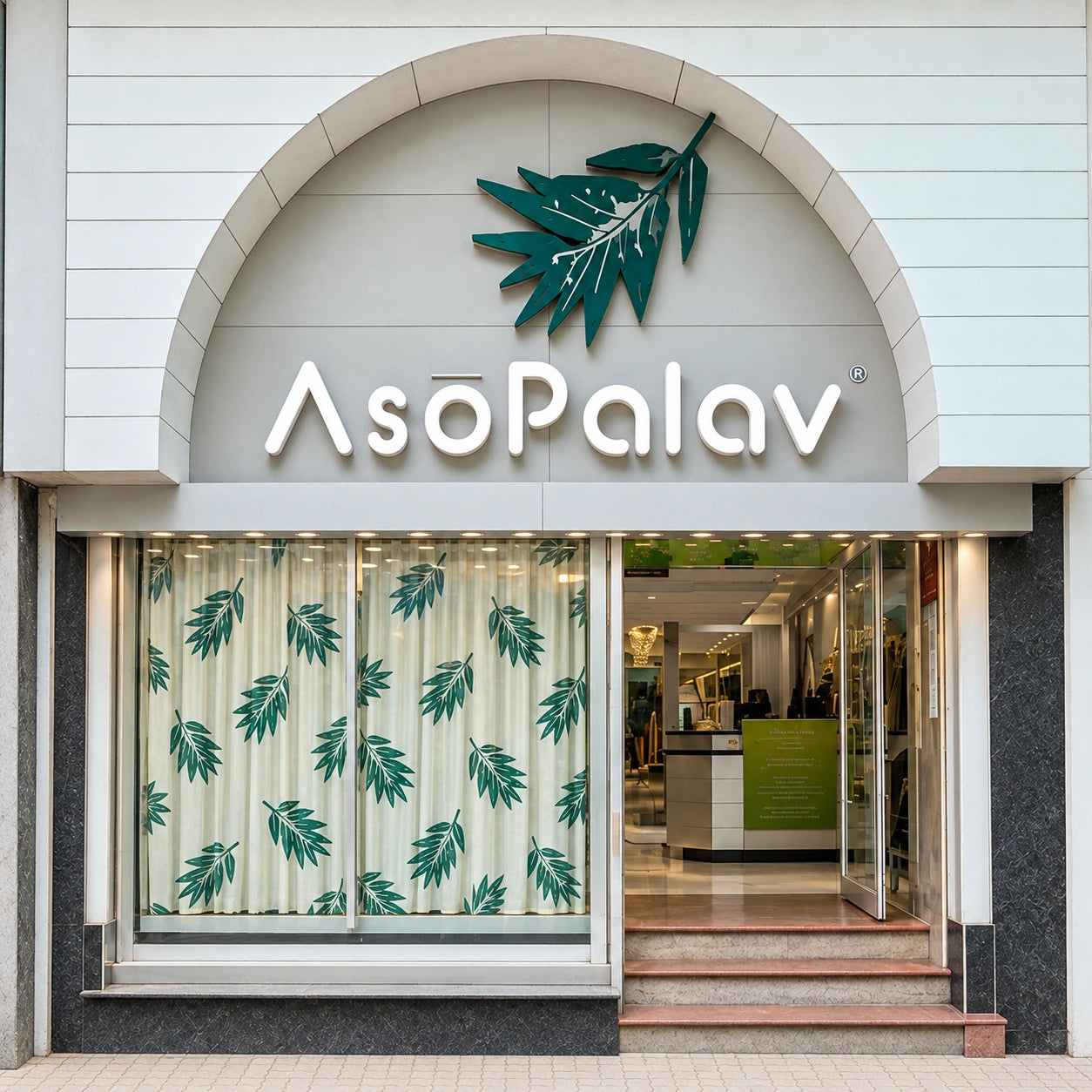 Asopalav Ratanpole storefront with its signature arch and leaf-pattern curtains in Ahmedabad