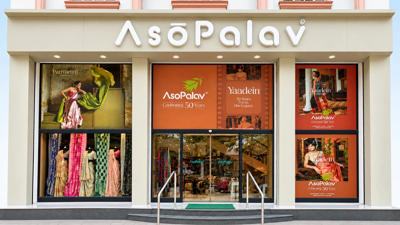 Asopalav Surat main storefront at Parle Point, with its white wordmark and campaign displays
