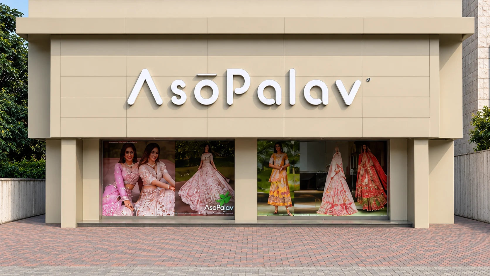 Asopalav Surat saree-exclusive storefront at Parle Point, with its white wordmark and campaign displays